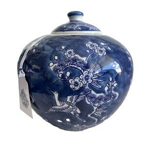 Handmade Chinoiserie Ginger Jar w/Lid Blue White Floral Crane GALT International